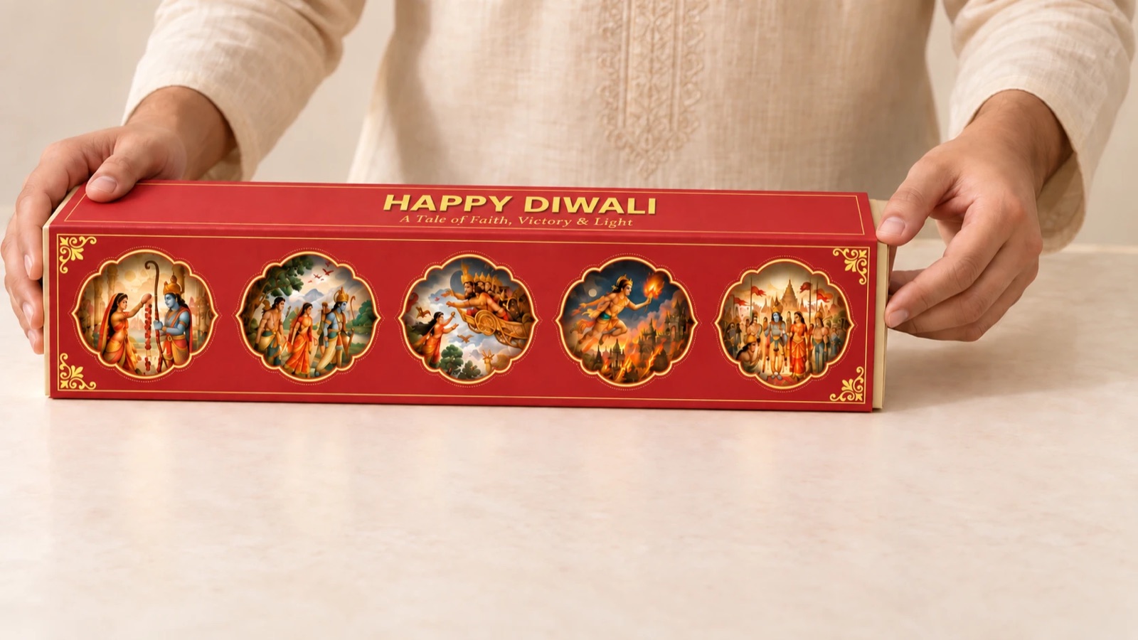 The Jhilmil Ramayan Box: five scenes of the Ramayan on a red Diwali box